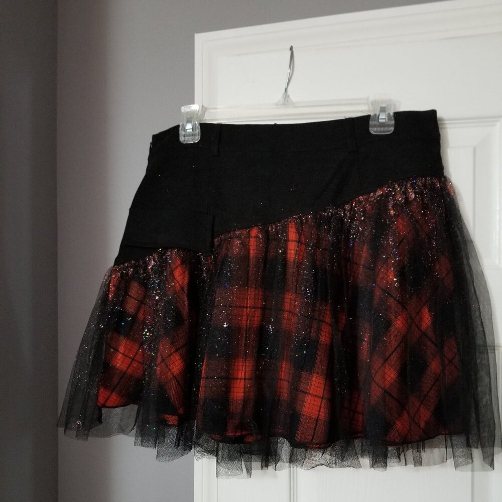 Punk Rave "Throw Glitter at It"—Plaid Black & Orange Skirt with Black Overlay